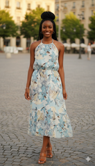 Floral Halter Neck Maxi Dress – Blue & Beige Bloom Print
