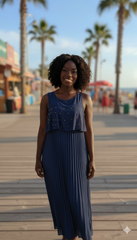 Navy Pleated Maxi Dress with Gold Stud Detail – LCW (Size: Medium)