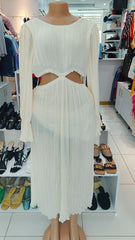 ZARA White Pleated Long-Sleeve Cut-Out Midi Dress (Size Small)