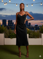 Midnight Serenade Ruched Maxi Dress – Matte Black Slip Style - Shein ( Size M)