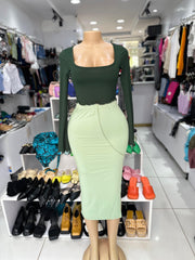 Sage Green High-Waisted Midi Pencil Skirt with Seam Detail