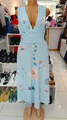 Sky Blue Floral Deep V-Neck Maxi Dress – Size: Medium (Shein)
