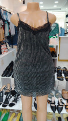 Black Metallic Slip Dress with Lace Trim – Shein (Size: Medium)