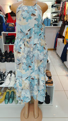Floral Halter Neck Maxi Dress – Blue & Beige Bloom Print