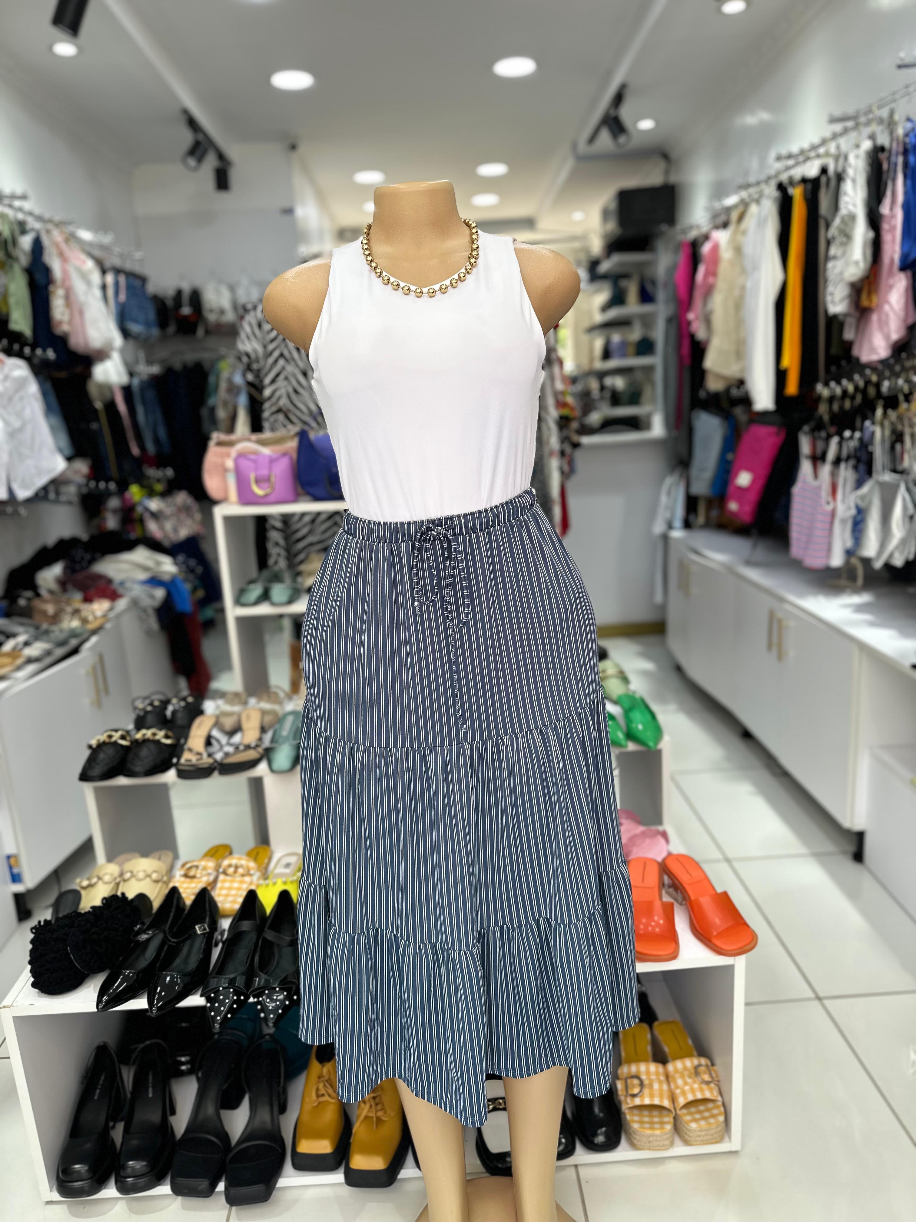 Navy Pinstripe Tiered Midi Skirt with Drawstring Waist