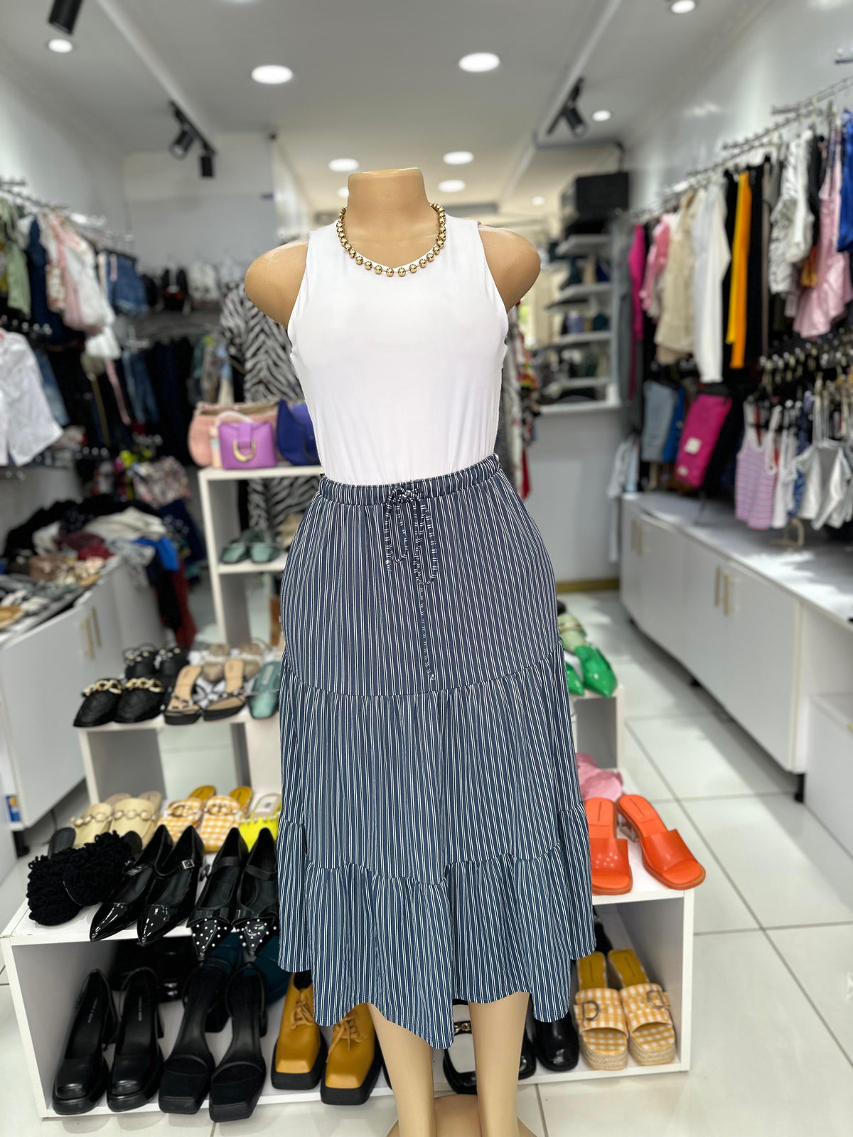 Navy Pinstripe Tiered Midi Skirt with Drawstring Waist