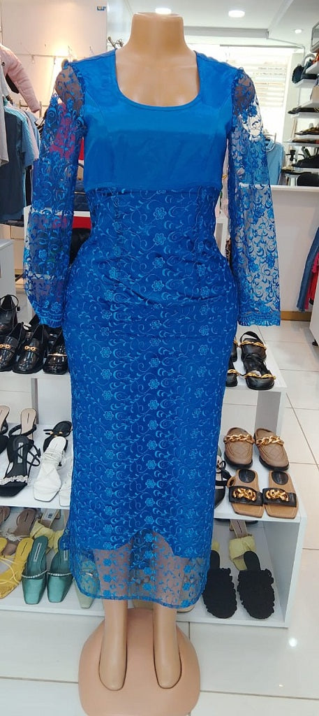 Royal Blue Lace-Overlay Midi Dress - Size Medium
