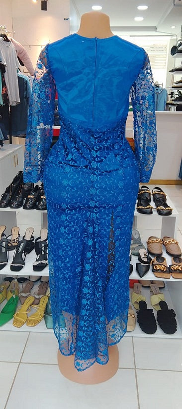 Royal Blue Lace-Overlay Midi Dress - Size Medium