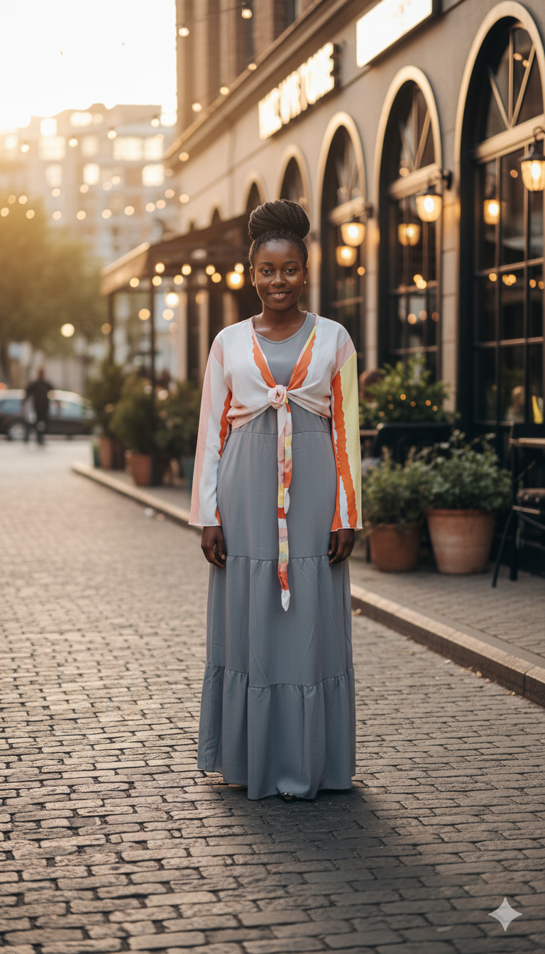 Layered Maxi Dress with Printed Tie-Front Shrug – Size M L XL