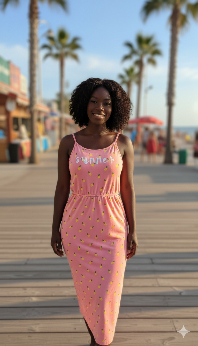 Pink “Summer” Pineapple Print Midi Dress – Size S