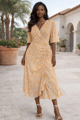 Yellow Floral Wrap-Style Midi Dress ( Size - Medium)