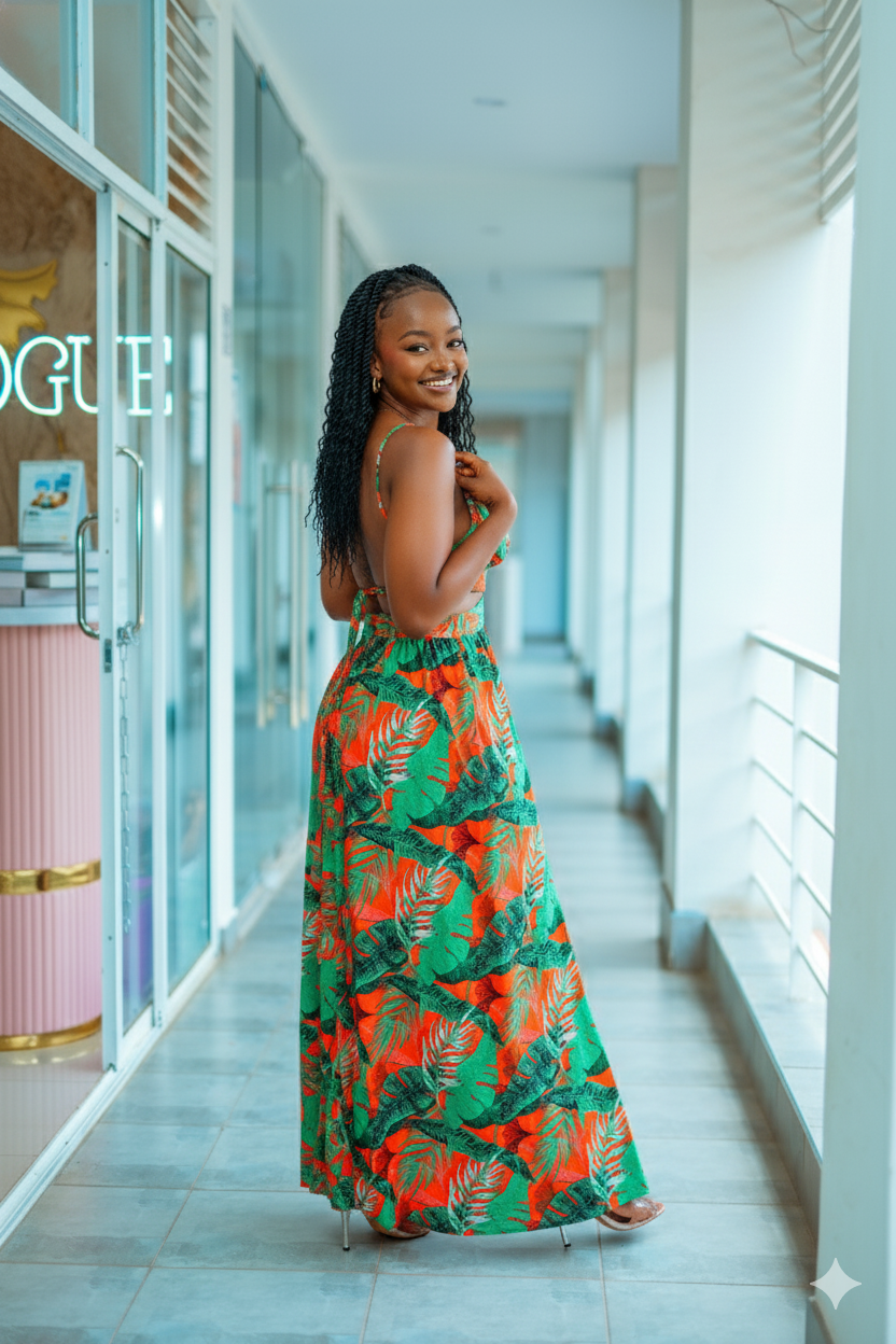 Tropical Leaf Print Cut-Out Maxi Dress (Medium)
