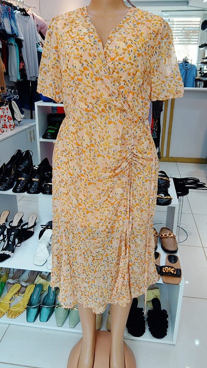 Yellow Floral Wrap-Style Midi Dress ( Size - Medium)