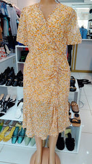 Yellow Floral Wrap-Style Midi Dress ( Size - Medium)