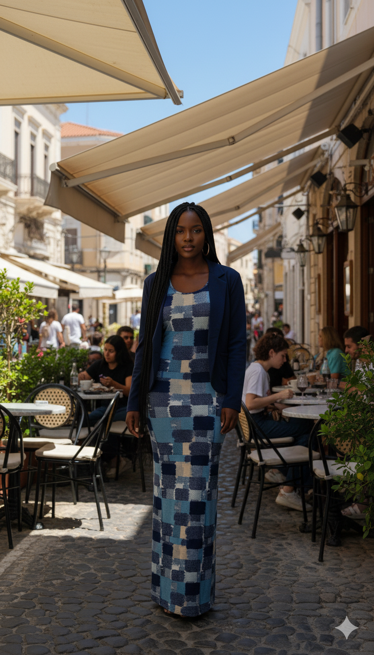 Patchwork Print Maxi Dress with Navy Jacket – LCW (Size: Medium)