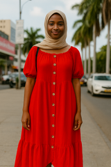 Red Button-Front Ruffle Midi Dress – Size: Medium (Shein)