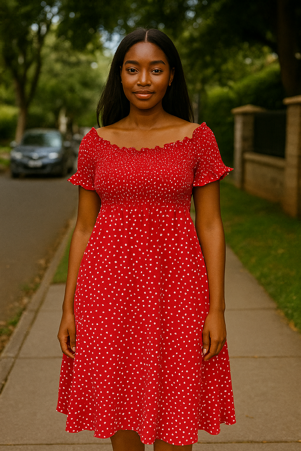 Red Polka Dot Off-Shoulder Dress – Size: Medium (Shein)
