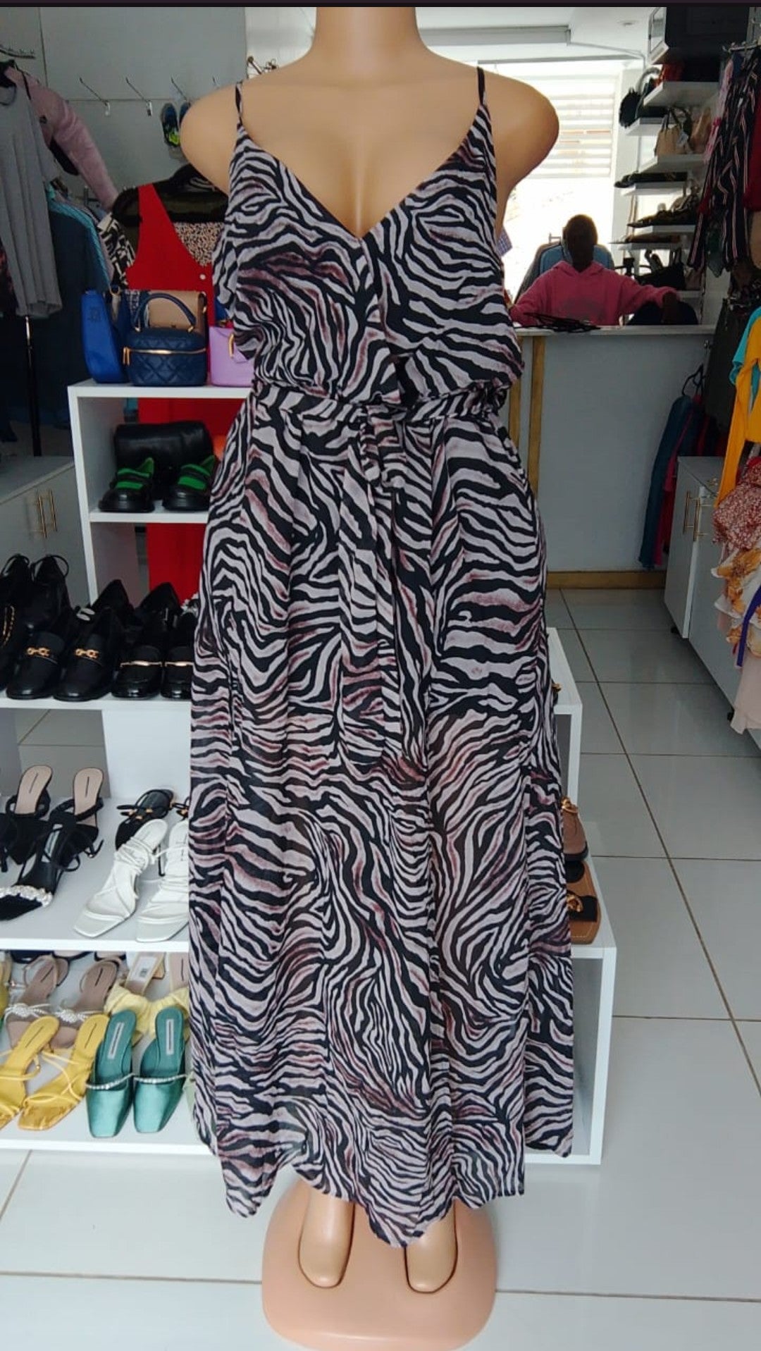Zebra Print Midi Dress with Waist Tie - Fashion Bay ( Size 36)