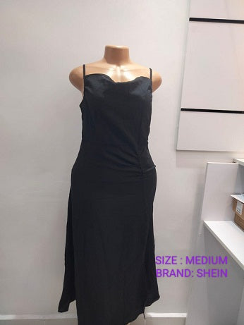 Midnight Serenade Ruched Maxi Dress – Matte Black Slip Style - Shein ( Size M)