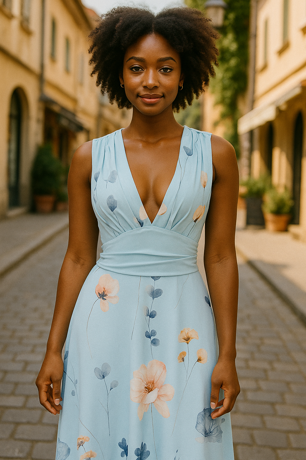 Sky Blue Floral Deep V-Neck Maxi Dress – Size: Medium (Shein)