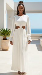 ZARA White Pleated Long-Sleeve Cut-Out Midi Dress (Size Small)