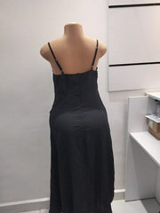 Midnight Serenade Ruched Maxi Dress – Matte Black Slip Style - Shein ( Size M)