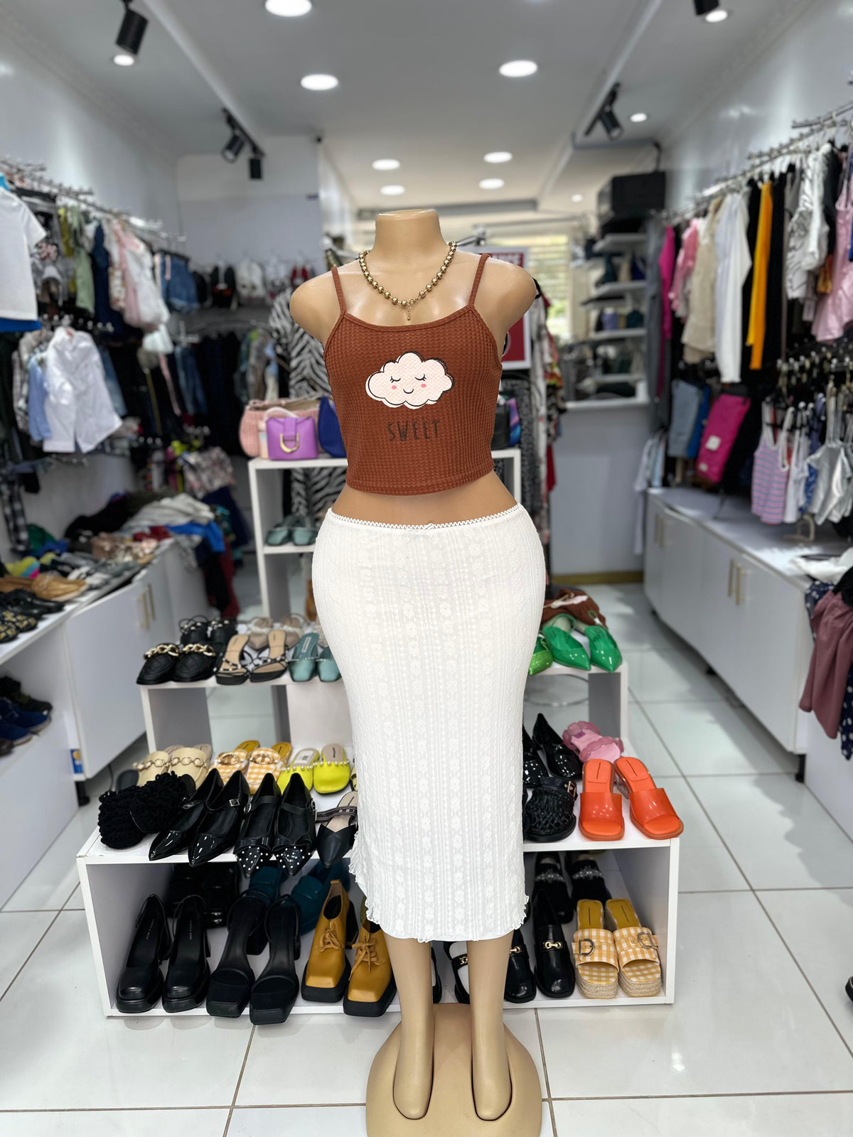 Vintage-Inspired White Eyelet Lace Midi Skirt