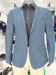 Men’s Medium Blue Herringbone Textured Blazer – Tailored Fit, Size Medium