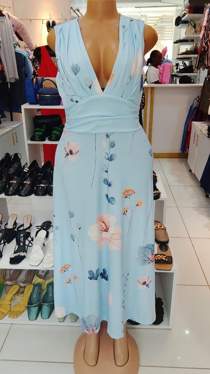 Sky Blue Floral Deep V-Neck Maxi Dress – Size: Medium (Shein)