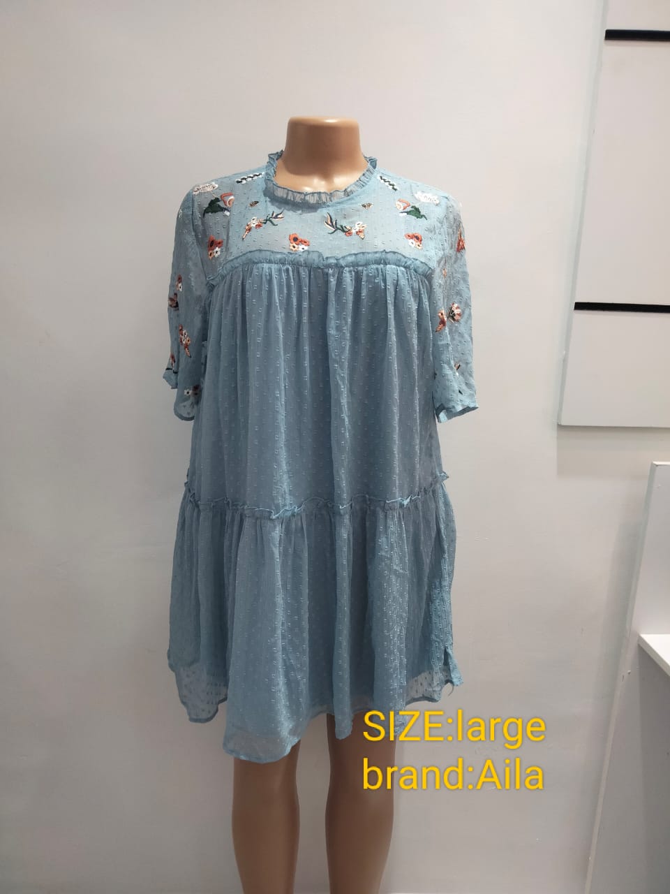 Sky Blue Embroidered Flowy Mini Dress – Aila (Size: Large)