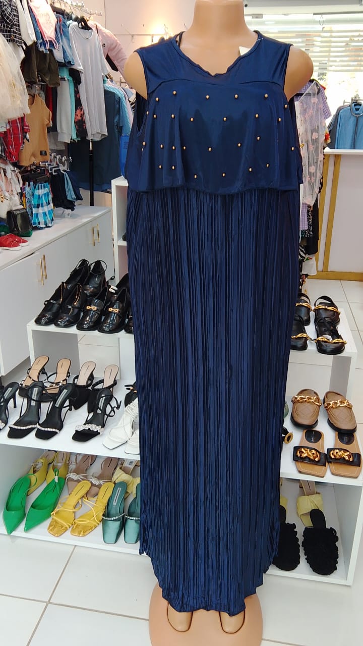 Navy Pleated Maxi Dress with Gold Stud Detail – LCW (Size: Medium)