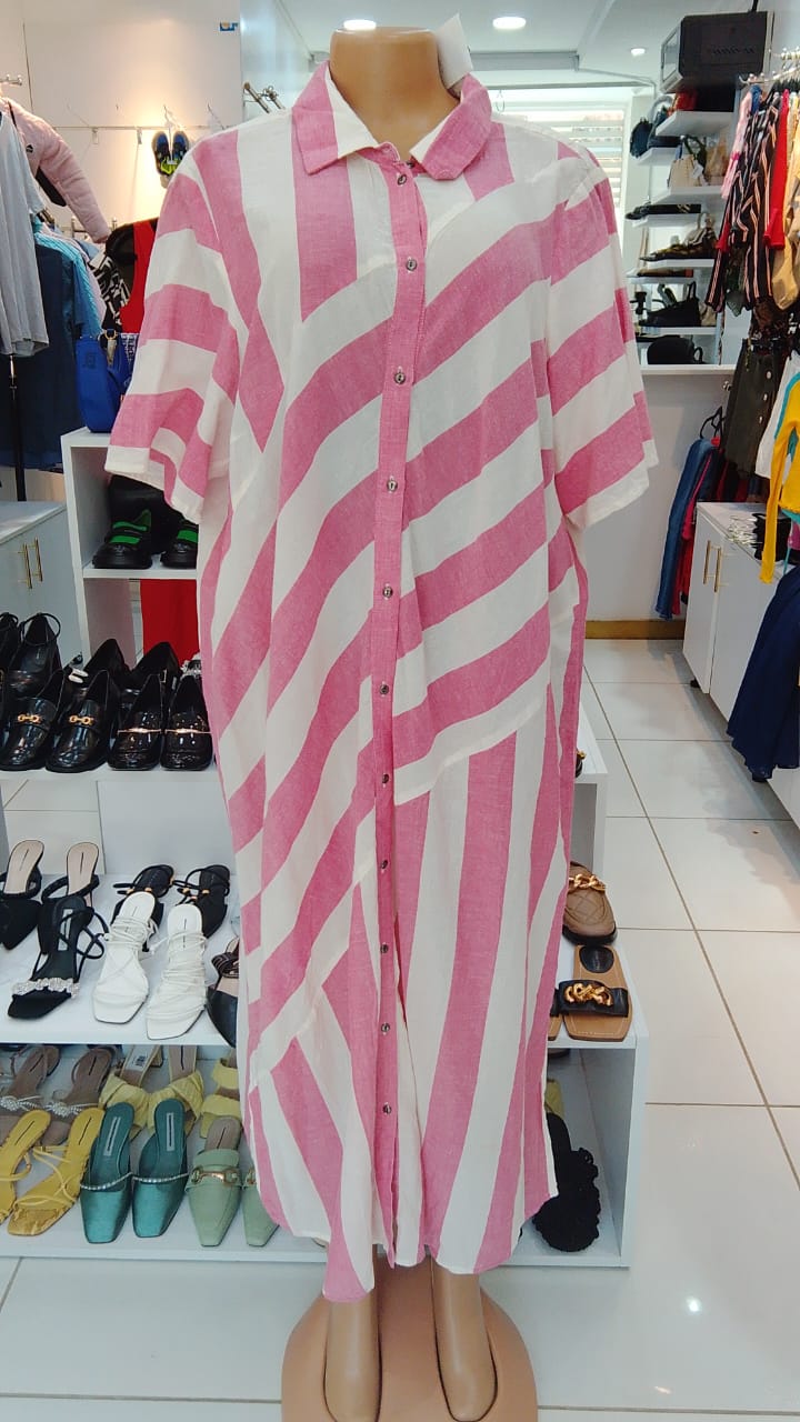 Pink & White Striped Button-Down Maxi Shirt Dress – Shein (Size: Medium)