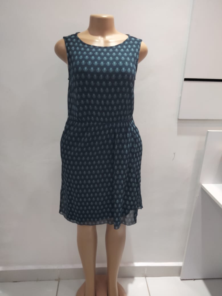 Sleeveless Teal Printed Chiffon Dress – Shein (Size: Medium