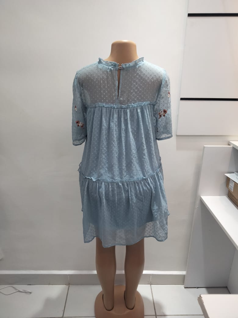 Sky Blue Embroidered Flowy Mini Dress – Aila (Size: Large)