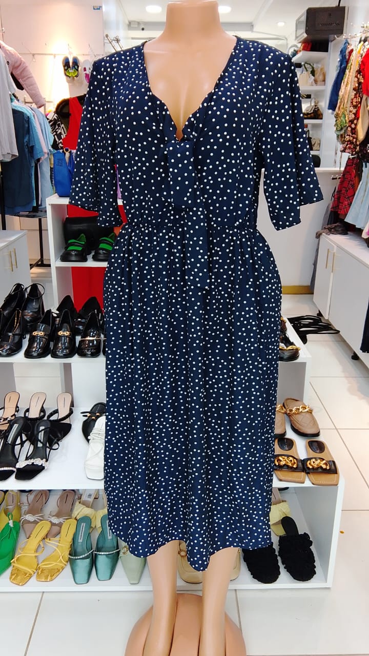 Navy Polka Dot Midi Dress – LCW (Size: Medium)
