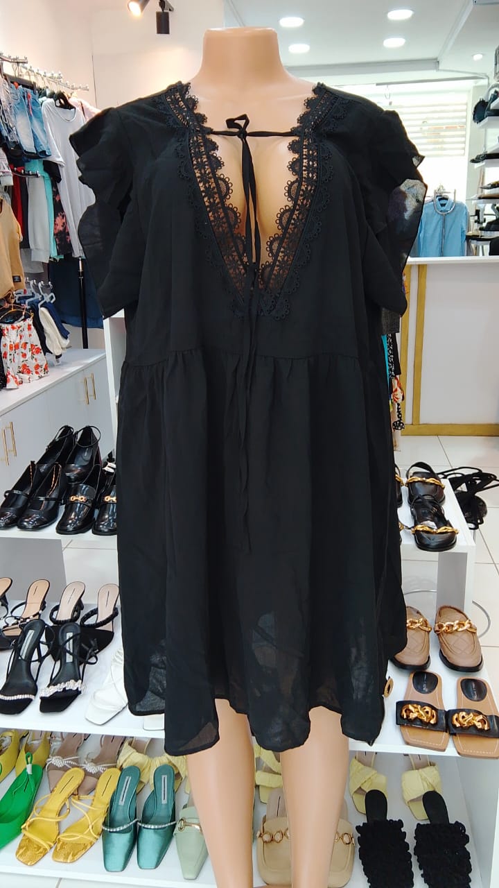 Black Boho Lace-Trim Tunic Dress – Size XL