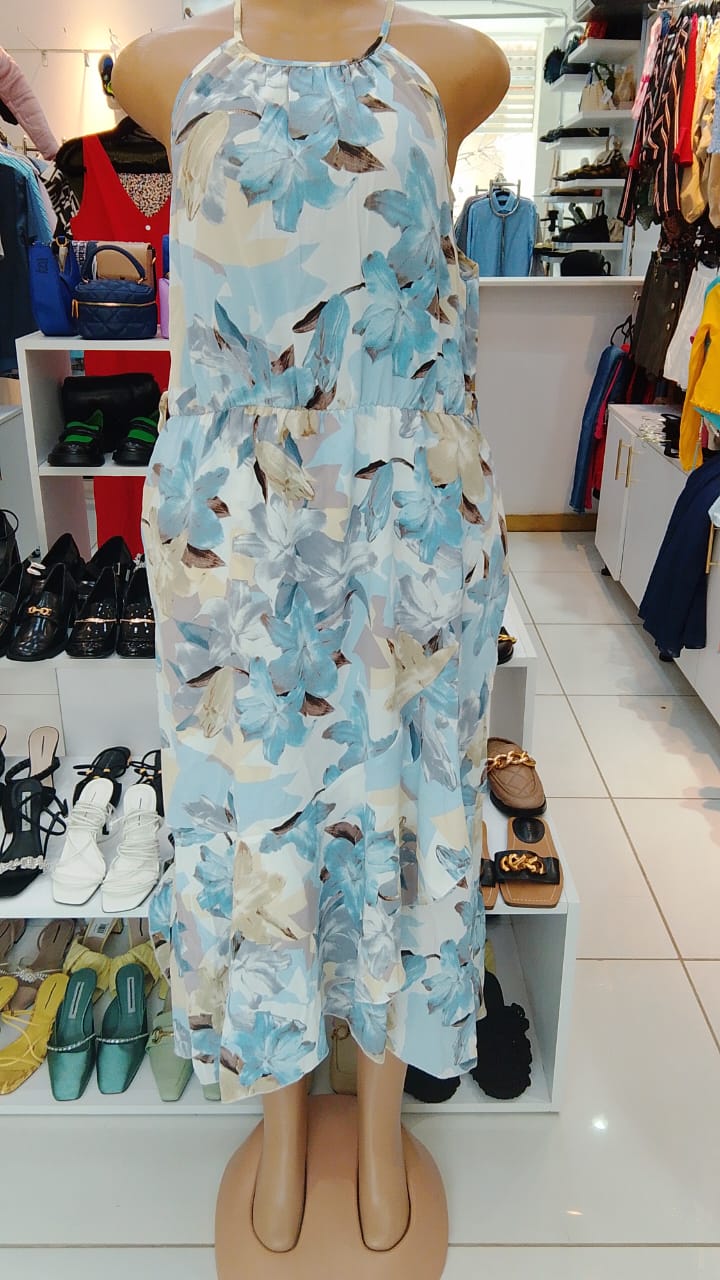 Floral Halter Neck Maxi Dress – Blue & Beige Bloom Print