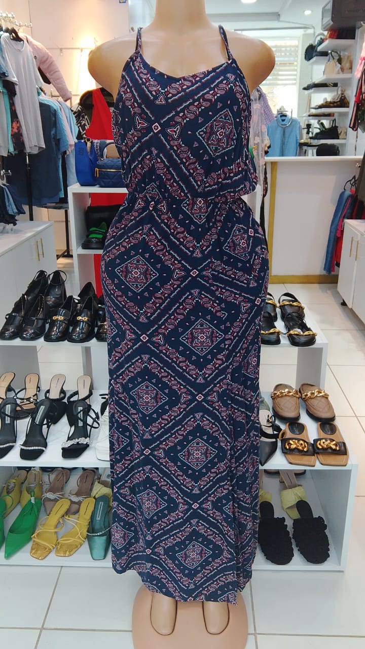 Navy Blue Boho Print Halter Maxi Dress – Size: Medium (Shein)