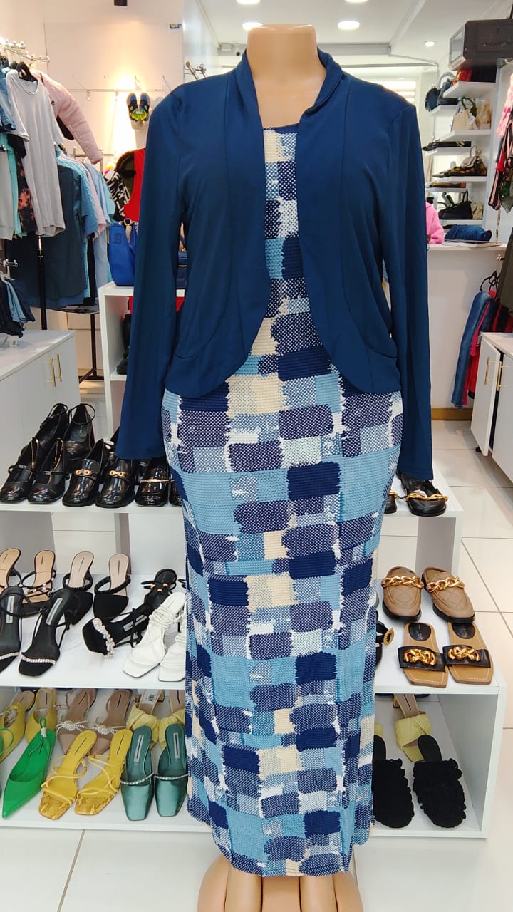 Patchwork Print Maxi Dress with Navy Jacket – LCW (Size: Medium)