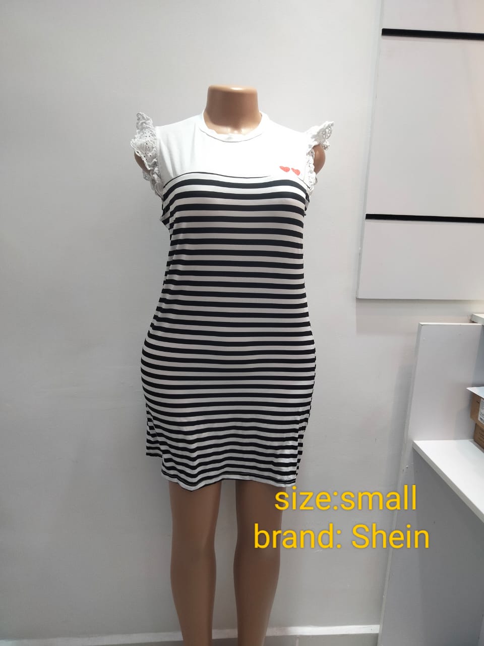 Black & White Striped Mini Dress with Lace Sleeves – Shein (Size: Small)