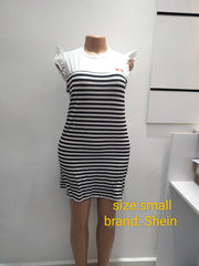 Black & White Striped Mini Dress with Lace Sleeves – Shein (Size: Small)