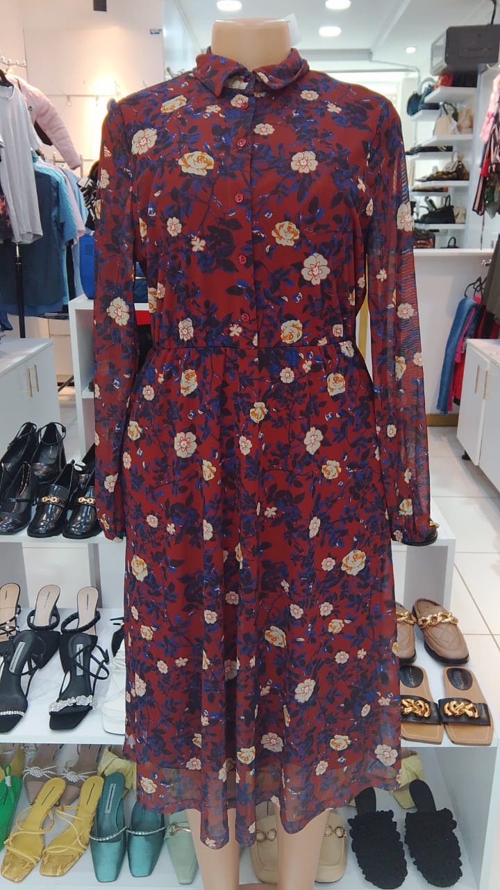 Maroon Floral Chiffon Midi Dress – Shein (Size: Medium)