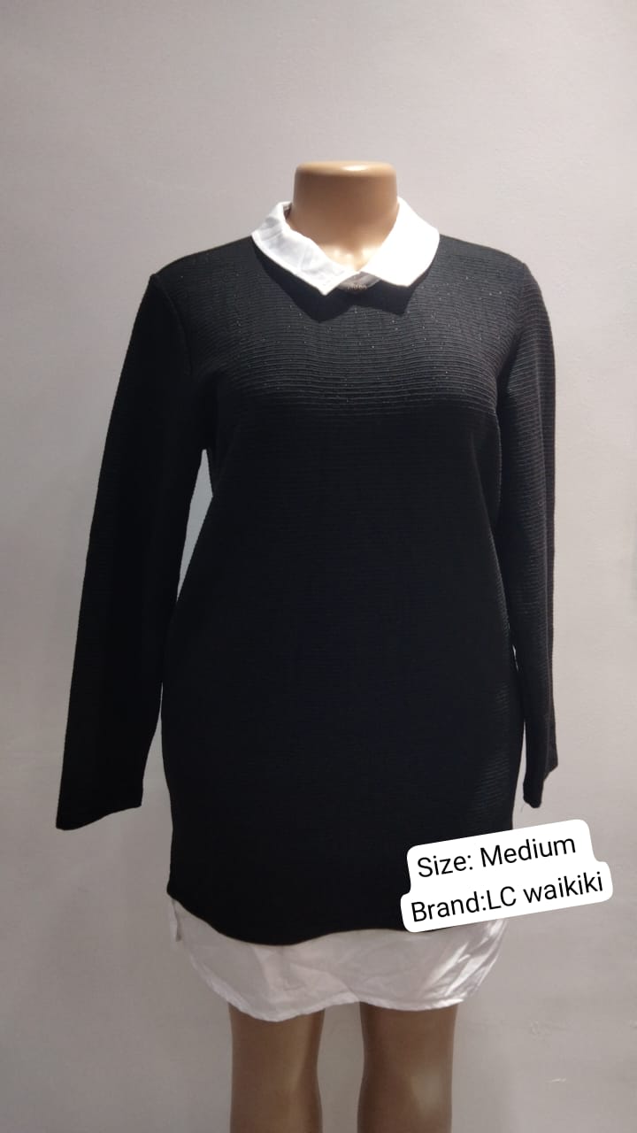 Black Knit Sweater Dress with White Collar – LCW (Size: Medium)