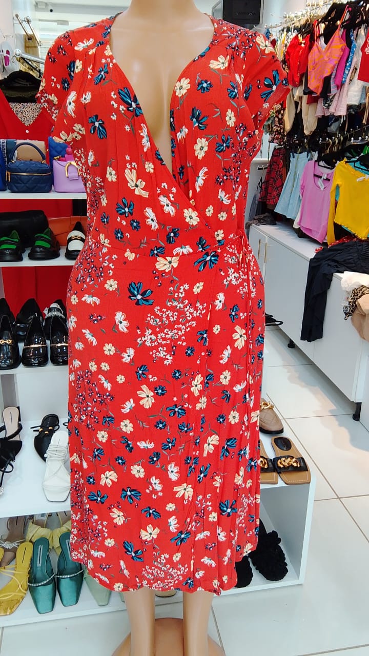 Red Floral Wrap Midi Dress – Size: Medium (Shein)
