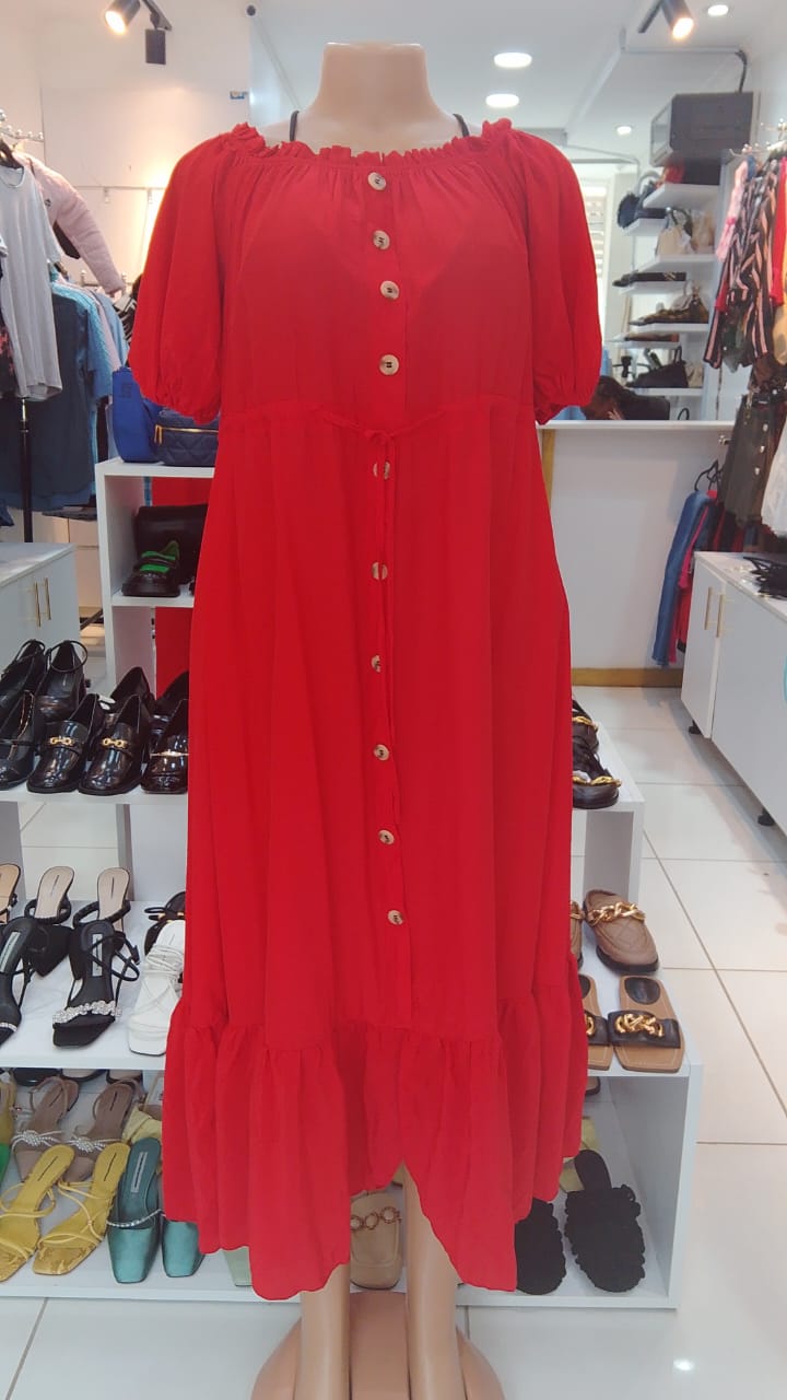 Red Button-Front Ruffle Midi Dress – Size: Medium (Shein)