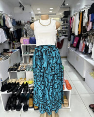 Teal Graphic Print Maxi Skirt