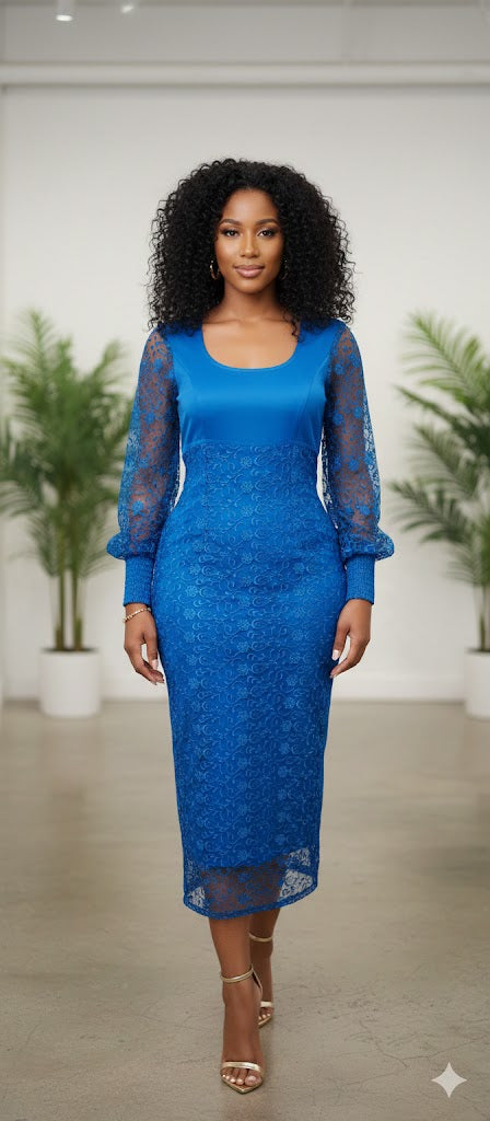 Royal Blue Lace-Overlay Midi Dress - Size Medium