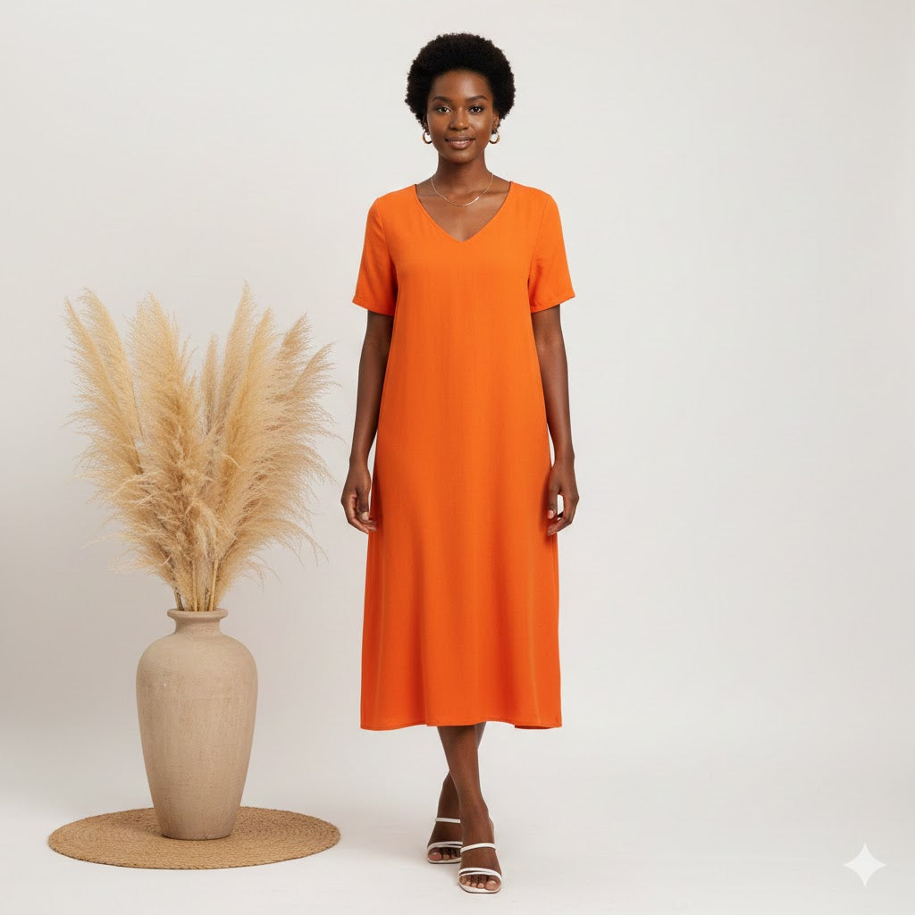 Sunset Horizon V-Neck Midi – Vibrant Orange ( Size - Large) - Hugo Boss